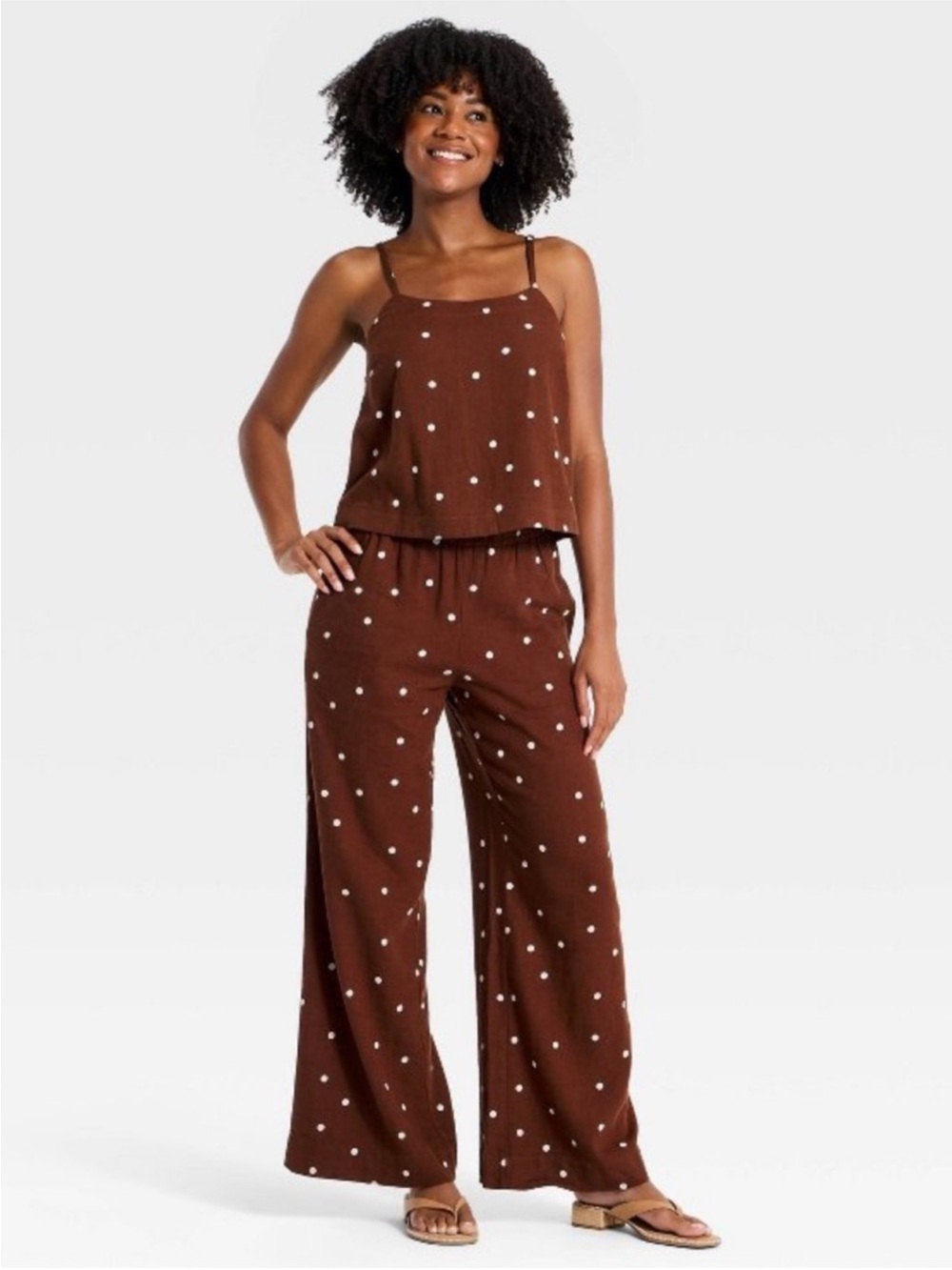 Women's High-Rise Linen Wide Leg Pull-On Pants - A New Day Brown Dot